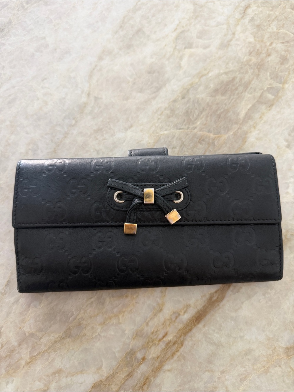 Gucci Black Embossed GG Leather Continental Wallet with Gold Accents